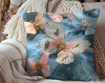 Cuscino in poliestere filato con design digitale a farfalla blu cielo, elegante accento decorativo per la casa, perfetto per soggiorno e camera da letto, 4 dimensioni