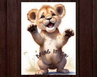 Póster de seda de un cachorro de león: decoración infantil con frase "A por todas"