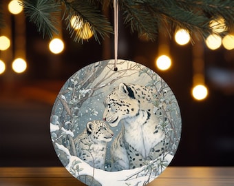 Adorno de cerámica, leopardo de las nieves invernal, arte de vida silvestre, decoración navideña, regalo de Navidad, recuerdo para amantes de la naturaleza.