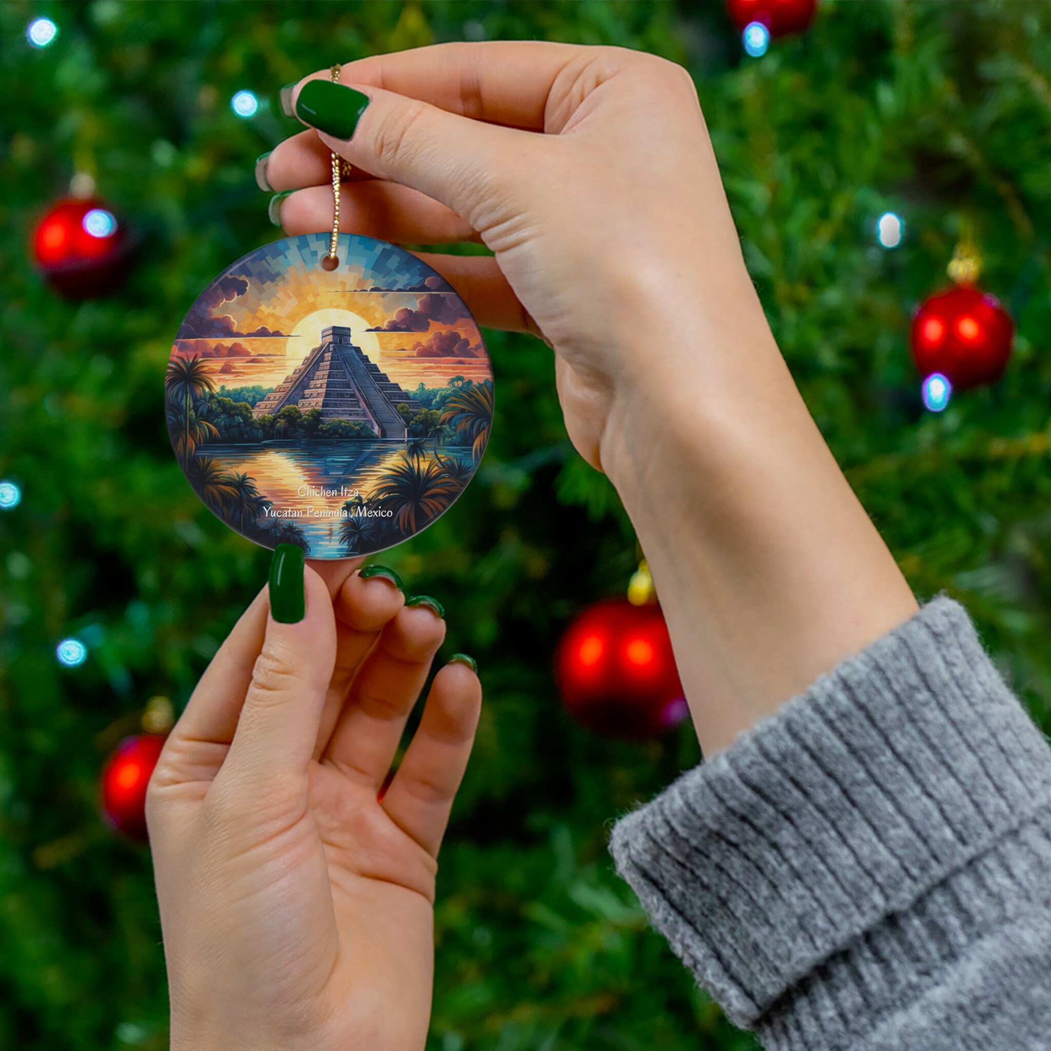Chichen Itza Ceramic Ornament: Mexican Pyramid Digital Art