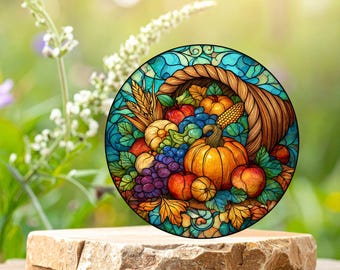 Stained Glass Style Cornucopia Art Tile: Autumn Harvest Home Decor