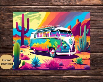 Vintage Vibe: Classic Camper in Desert Scene - Retro Van Wall Art - AI Created Cartoon Illustration - Instant Download, 5 Sizes