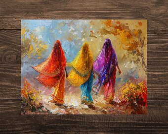 Lámina artística de mujeres de Rajastán: Decoración colorida para el hogar inspirada en la cultura india.