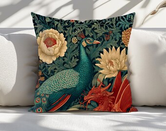 Peacock and Dragon Botanical Pillow Cover | Arts & Crafts Inspired Home Decor, 4 Sizes
