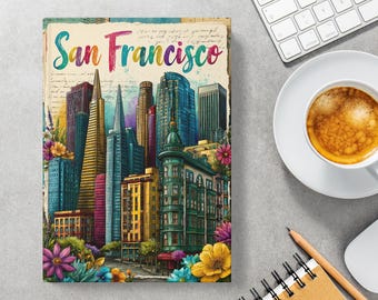 Cuaderno mate con el horizonte vintage de San Francisco / Cuaderno de viaje con paisaje urbano colorido / Cuaderno de bocetos y escritura urbana