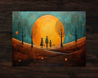 Póster de seda familiar místico: Impresión de paisaje de un paseo nocturno encantado