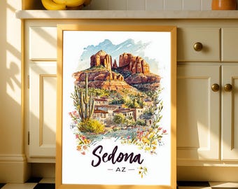 Póster de acuarela con estampado de la Roca de la Catedral de Sedona, Arizona, con diseño de paisaje desértico del suroeste. Disponible en 5 tamaños.