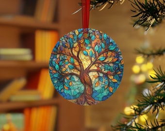 Stained Glass Style Tree Metal Ornament: Double-Sided Nature Decor