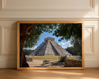 Póster fotorrealista de la pirámide de Kukulkán en Chichén Itzá, impresión en satén, arte mural de viaje a México.