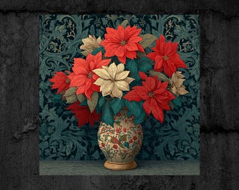 Arte de pared autoadhesivo de flor de Pascua • Impresión de jarrón floral vintage • Decoración navideña botánica • Impresión artística cuadrada extraíble