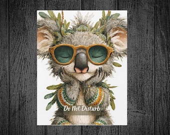 Koala con gafas de sol, No molestar. Lienzo impreso, detalles botánicos, arte mural original, 2 tamaños.