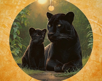 Adorno de pantera negra y cachorro / Decoración redonda de cerámica con motivos de animales salvajes / Para colgar / Exhibición en estante