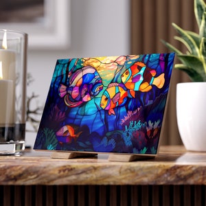 Tropical Fish Ceramic Tile: Stained Glass Style Seascape Art (6x8)