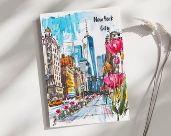 May include: A watercolor painting of a city street scene with tall buildings, a blue sky, and a few cars. The text "New York City" is written at the top of the painting. There are pink flowers in the foreground.