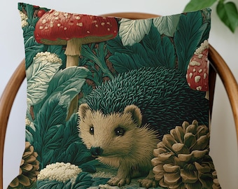 Cojines decorativos con diseño de erizo y setas del bosque, inspirados en William Morris, 6 tamaños.
