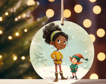 Adorno de cerámica para niños y elfos de Winter Wonder / Recuerdo navideño de cuento de hadas