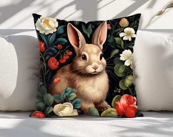 Cojín floral de conejito: decoración de conejos inspirada en Wm Morris - Acento primaveral