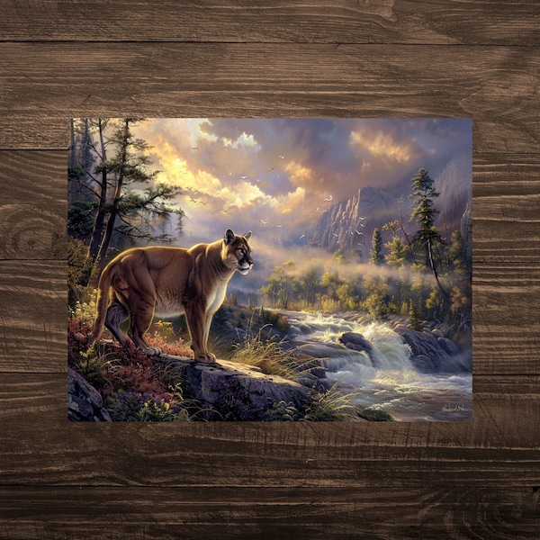 Yellowstone Mountain Lion Satin Poster Prints (210gsm), Majestic Wildlife AI Art Print, Wyoming Nat'l Park, Home Decor, Wall Art, 4 Sizes