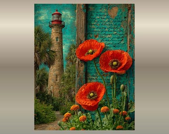Faro y amapolas rojas, lámina vertical mate, estilo álbum de recortes, arte de jardín costero (2 tamaños)