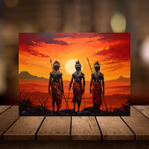 Lámina artística de guerreros zulúes al atardecer: decoración cultural sudafricana