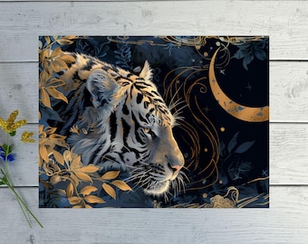 Chinoiserie Tiger Art Print: Gold & Blue Lunar Satin Poster