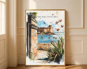 Póster de satén de San Juan El Morro, arte mural costero de Puerto Rico, 5 tamaños.