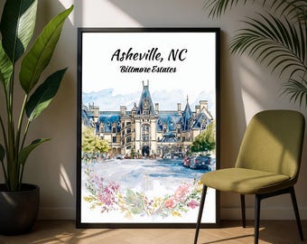 Póster decorativo de Biltmore Estates en Asheville, Carolina del Norte, con diseño de acuarela y acabado satinado. Disponible en 5 tamaños.