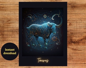 Zodiac Poster Print, Taurus the Bull, Intricate Patterns, Swirling Cosmic Energy, Illumination, Instant Download, 5 Sizes