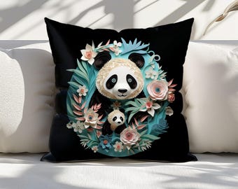 Cojín floral con panda y cachorro, diseño estampado plano, decoración acogedora y original para el hogar.