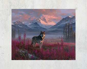 Lobo majestuoso al amanecer • Arte de paisaje de montaña de Alaska • Impresión de pared autoadhesiva
