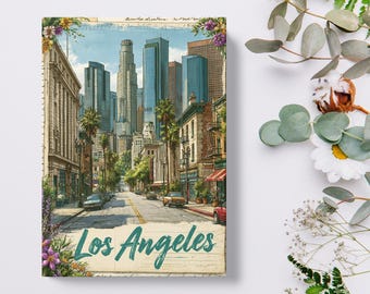 Cuaderno de tapa dura con paisaje urbano de Los Ángeles / Horizonte vintage del centro de la ciudad / Diseño de cuaderno de bocetos