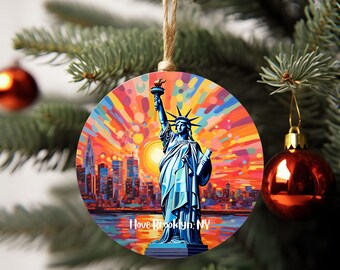 Statue of Liberty Facing Brooklyn, NY, City Skyline, Unique Ceramic Ornament with Acrylic Painting, Perfect Gift for Brooklynites