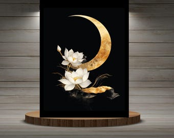 Gold Crescent Moon & Lotus Ceramic Tile: Zen Home Decor