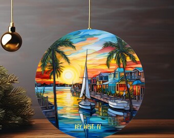 Adorno de velero con puesta de sol en Key West / Decoración costera redonda de cerámica