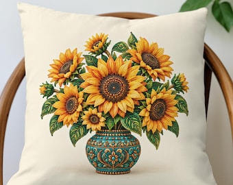 Cojín decorativo con estampado de girasoles, flores estampadas con cuentas en un jarrón turquesa, decoración floral para el hogar, 6 tamaños.