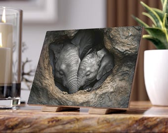 Elephant Mom & Baby Ceramic Photo Tile: Wildlife Home Accent