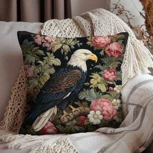 American Bald Eagle Spun Polyester Square Pillow | William Morris Style Home Décor, Floral Background Design, Patriotic Bird Art Cushion