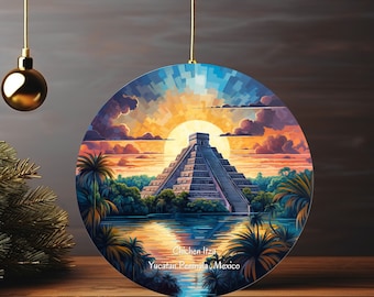 Adorno cerámico de Chichén Itzá: souvenir de arte digital de la pirámide mexicana