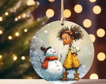 Adorno de cerámica de muñeco de nieve de niña negra / Decoración navideña para niños afroamericanos