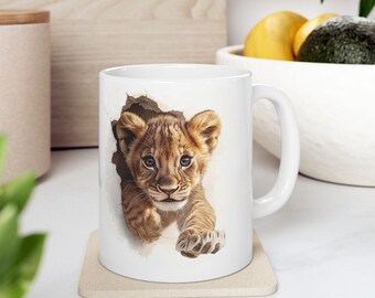 Bonita taza de cerámica con diseño de león, ideal como regalo para amantes de los animales, para café, té o cumpleaños. Diseño innovador.