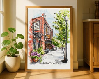 Póster impreso en satén con escena callejera en acuarela de Nashville, Tennessee, arte mural de la ciudad, 5 tamaños.