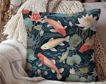 Indigo Blue and Ivory Asian Koi Fish Pillow Cover Designer Fabric Handmade Home Decor Accent Pillows in Stock Etsy