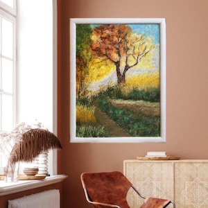 Cuadro "Sueños Otoñales" Pintura Óleo Pastel Cartón con MARCO DE MADERA Algodón PINTADO A MANO 30x40 Cuadro Mural Escena Naturaleza Serenidad Única