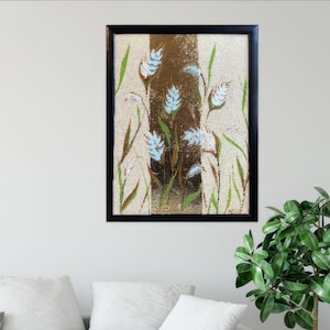 Pintura "Sinfonía de Oro" pintura cartón algodón PINTADO A MANO 30x40 mural firmado escena natural serenidad marco floral único en relieve de hoja de oro
