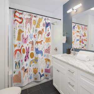 Dog Lover Shower Curtain, Animal Lover Shower Curtain, Retro & Fun Dog Illustration Shower Curtain