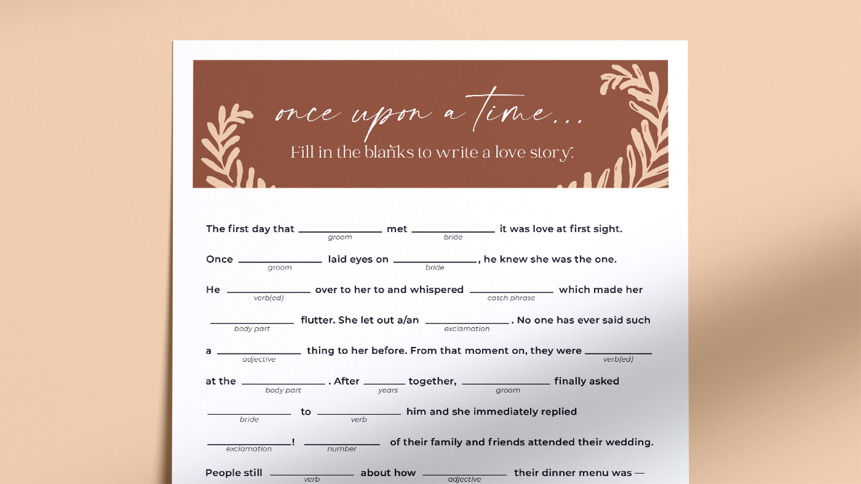 Bridal Shower Game Love Story Mad Lib orange Botanical Etsy