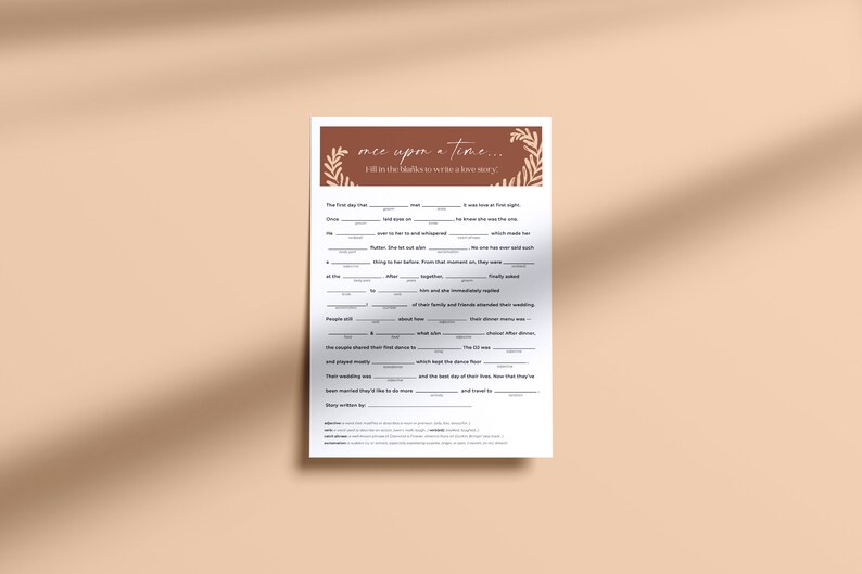 Bridal Shower Game Love Story Mad Lib orange Botanical Etsy