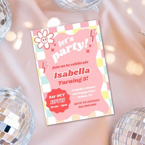 Editable Checkered Smiley Flower Face Birthday invite, Groovy Retro birthday, emoji, 90s, Teen Party, Tween Birthday, Any Age Girl Birthday