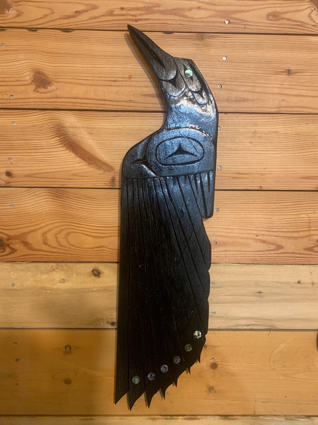 Hand Carved Northwest Coast Style Raven . Wall Hanging With 7 Abalone ...