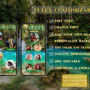 May include: Two phone screens displaying a customizable template for a birthday party invitation. The template features a tropical island theme with a waterfall and green foliage. The text on the screen reads "Island Style" and "The Besties Birthday Girl". The text "FULLY CUSTOMIZABLE" is displayed on a yellow background with checkmarks next to the following features: Edit Text, Change Font, Add Your Own Images, Personalize Background, Edit Color and Transparency, Instant Download, 100% Editable, Add Music & Animation. The text "Instructions on how to edit are included with purchase" is displayed on a yellow background.